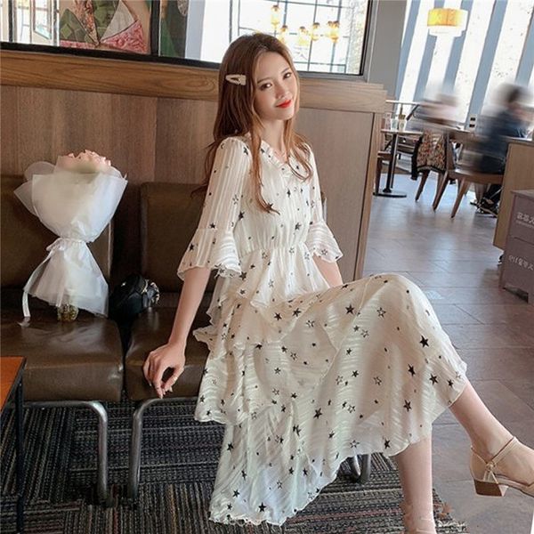 

dress star pattern chiffon women summer decorative mode v enlargement cake midi dressed in plissied robe f886 xmt1, Black;gray