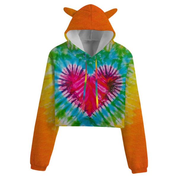 

women's hoodies & sweatshirts sportswear love tie-dye printing girl hip hop streetwear cat ear hat sweatshirt bare midriff hoodie, Black