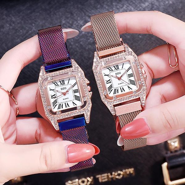 

wristwatches style rhinestone diamond square watch suction stone band quartz lady female watches women's, Slivery;brown
