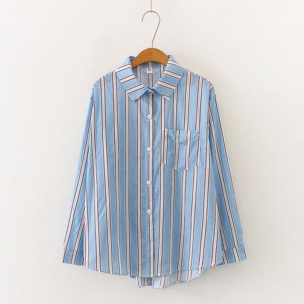 

women cotton vintage stripes print lapel shirt loose single-breasted long sleeve sweat blouse, White