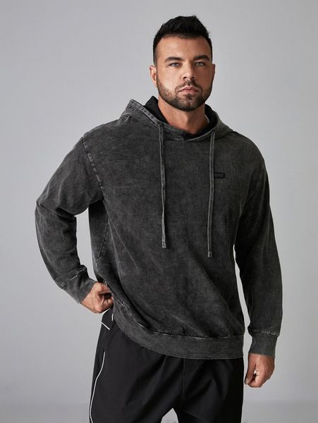 

extended sizes men drop shoulder patch detail drawstring hoodie z1qz#, Black