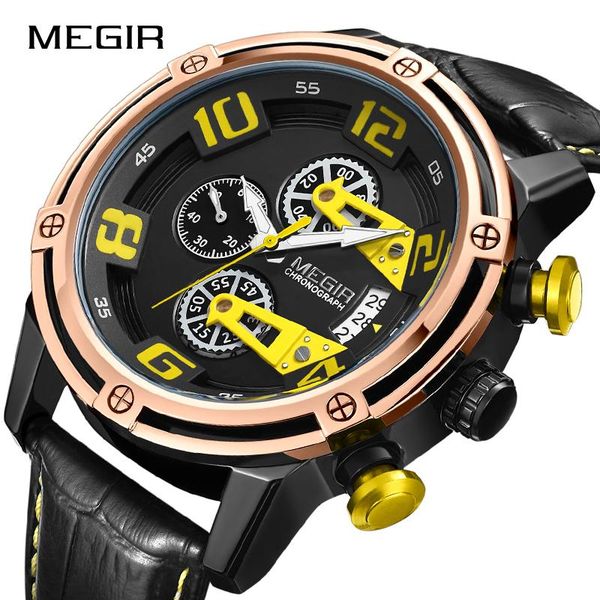 

wristwatches 2021megir creative big dial chronograph calander sport watch men leather quartz male clock wristwatch reloj hombre montre homme, Slivery;brown