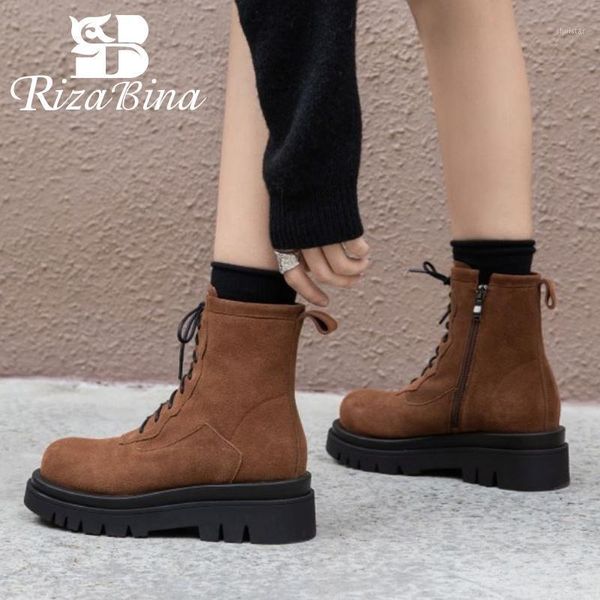 

boots rizabina real leather women ankle round toe cross strap side zipper shoes flats winter party footwear 34-391, Black