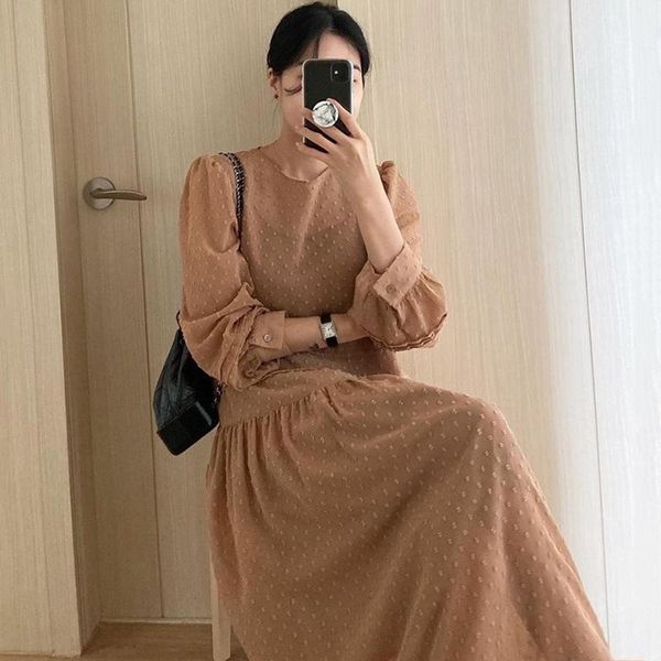 

casual dresses elegant o neck solid dot design loose dress for women korean style chic puff sleeve autumn robe vintage sweet vestidos mujer, Black;gray
