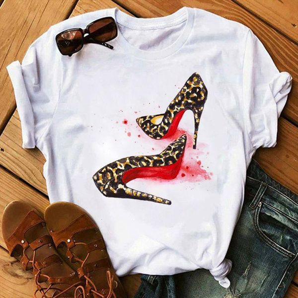 

fashion red high heels shoes womens t shirt and print vogue female harajuku tee 90s ladies shirts, White