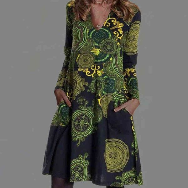 

dresses spring fashion retro floral printed party women elegant v-neck casual long sleeve es ladies loose pocket vestido tq9l jfa7, Black;gray