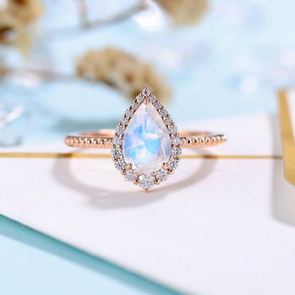 

925 sterling silver ps 6x9 mm rainbow blue natural moonstone pear halo engagement wedding ring for women gift, Slivery;golden