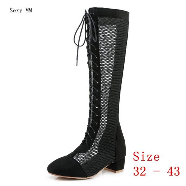 

boots summer shoes gladiator sandals heel women knee high woman thigh small plus size 32 - 43, Black
