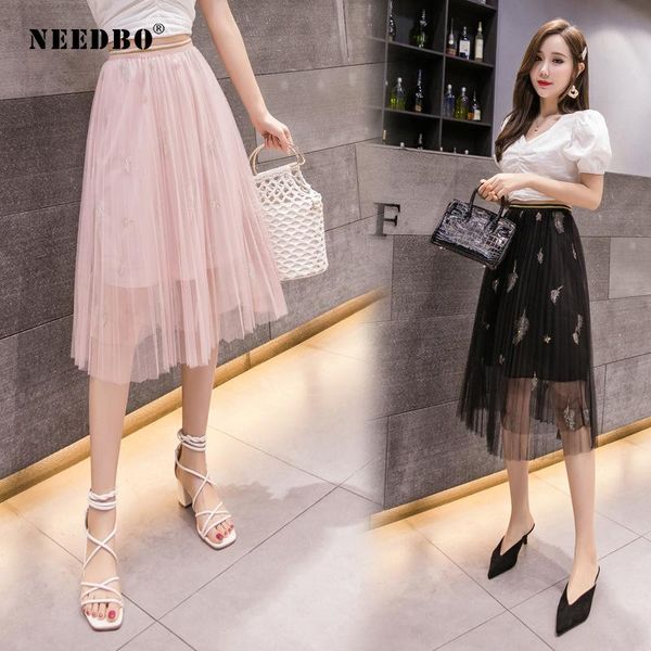 

skirts needbo midi tulle skirt pleated casual slim fit women mesh for summer ws25461, Black