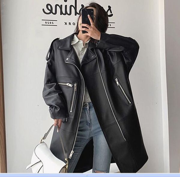 

oversized black long womens leather jacket sleeve sipper spring loose faux leather coat streetwear white khaki, Tan;black