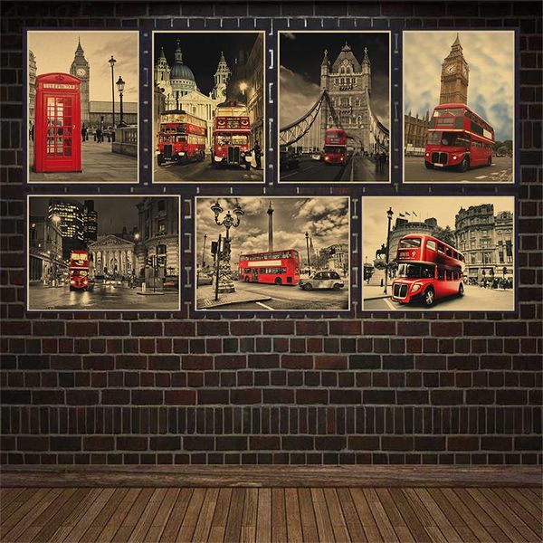 

paintings london red buse and telephone booth kraft paper wall sticker cafe bar decorated home decor vintage poster