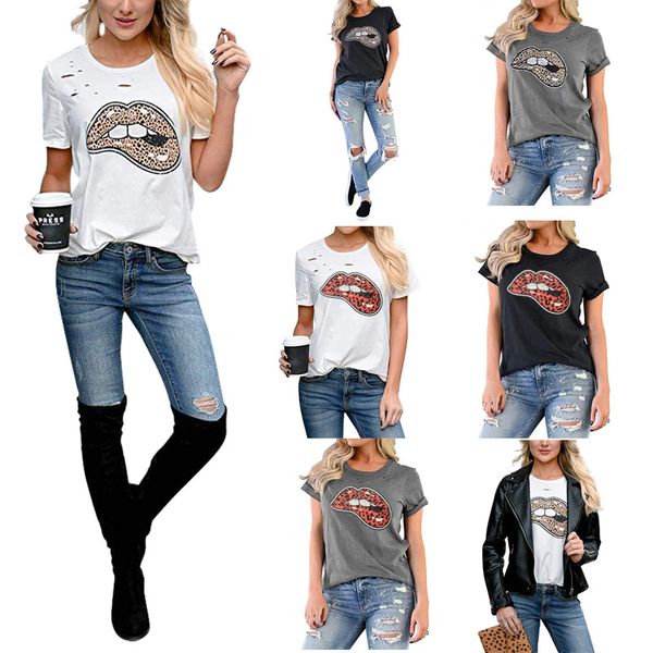 

women's t-shirt round neck short sleeve lip print large size loose top, White