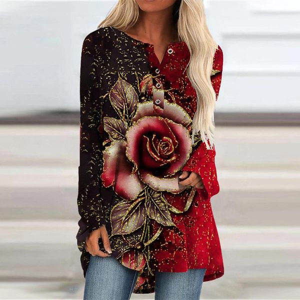 

women's blouses & shirts women spring rose flower printed buttoned autumn long sleeve loose casual vintage streetwear pullover bluas, White