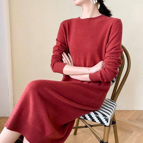 

adishree 2021 women winter cashmere sweaters and autumn knitted pullovers long dresses female o-neck casual, Black;gray