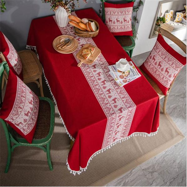 

table cloth red tablecloth christmas knitted jacquard elk desk cover white tassles rectangular dining room years decora zb-jd1104