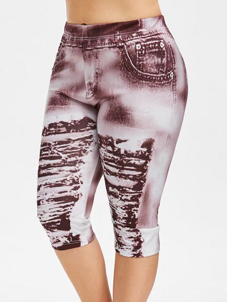 

women's leggings wipalo plus size 3d ripped jean print legging summer women fashion skinny high elastic waist capri female pants, Black