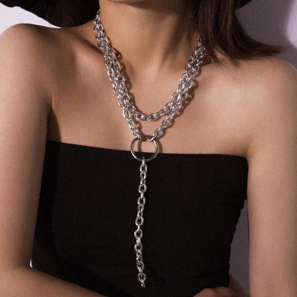 

bohemia punk stainless steel circle heart pendant necklace for women personality hip hop jewelry gift chains, Silver