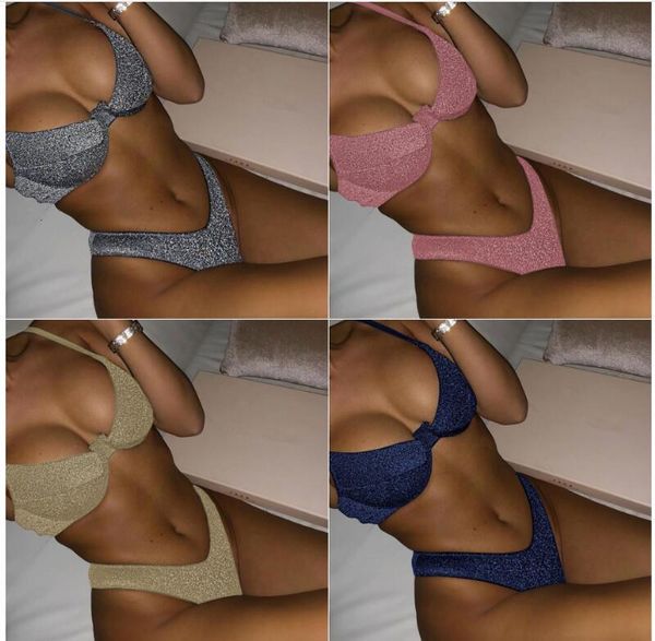 

women shining silver push-up soft bra bikini briefs beachwear triangle swimwear summer style fashionable, White;black