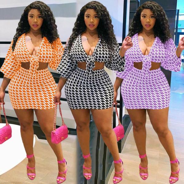 

plus size tracksuits somoshein women clothing long sleeves lace up deep v-collar crop print slim casual dress wholesale items, Black