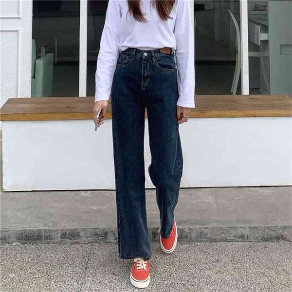 

autumn high waist wide leg jeans women's straight and thin loose vintage black pants casual denim long jean pant for girls 210922, Blue