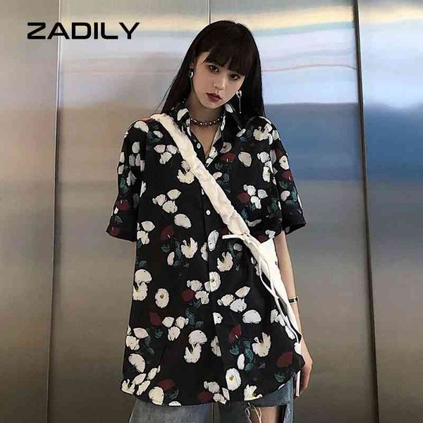 

zadily street style short sleeve women shirt oversize floral print button loose ladies blouse summer y2k female 210521, White