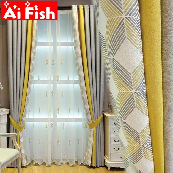

curtain & drapes modern yellow grey geometry stitch splicing blackout window curtains for living room thicker linen blinds bedroom #45