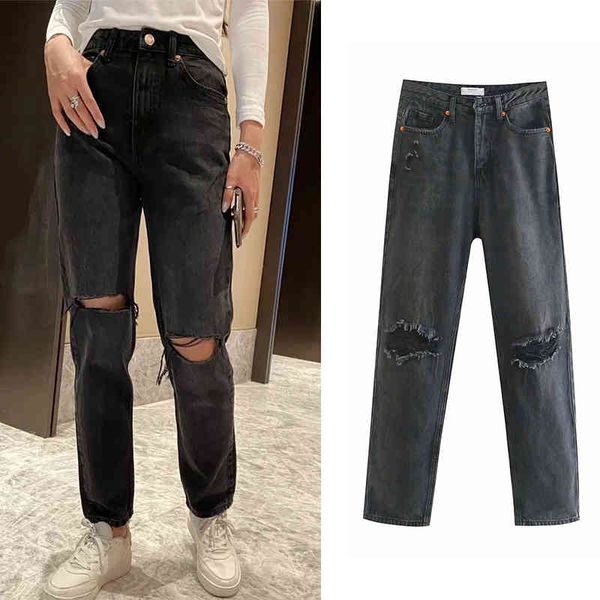 

women's pants & capris 2021 spring and autumn women's solid color ripped decorative jeans high-waist straight-leg pants casu gbou, Black;white