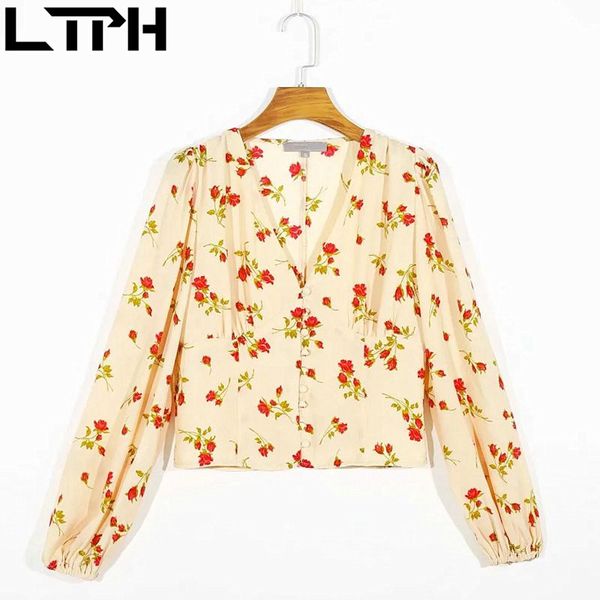 

ins casual vintage blouses women shirts rose print v-neck lantern sleeve shirt french elegant spring 210427, White