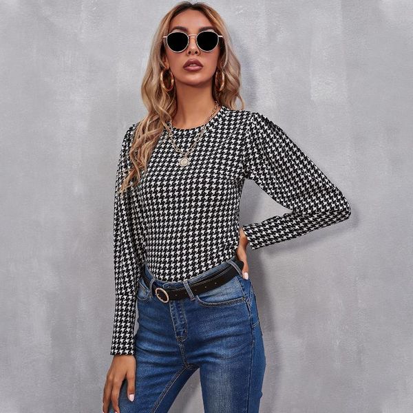 

women's blouses & shirts 2021 spring summer long sleeve plaid women pullovers t shirt, White