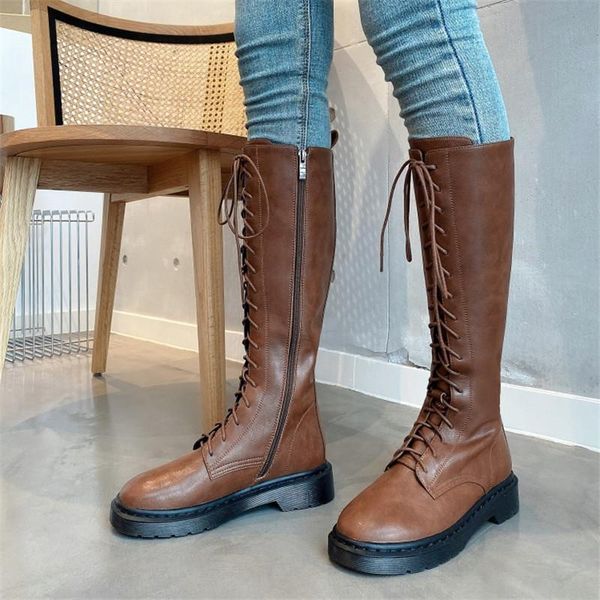 

boots pxelena split leather riding knight military army knee high women lace up zip low heels shoes lady fall spring winter 2022, Black
