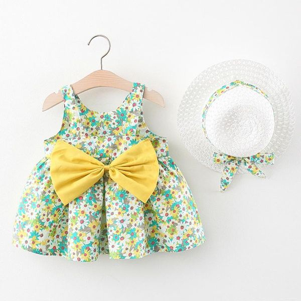 

summer baby dress for kids girls sleeveless bow flower print princess dress+hat set outfit born party girl clothes girl's dresses, Red;yellow