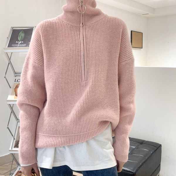 

women's sweaters autumn winter zipper turtleneck women casual thick long pullover jumpers female loose knitting 2021, White;black
