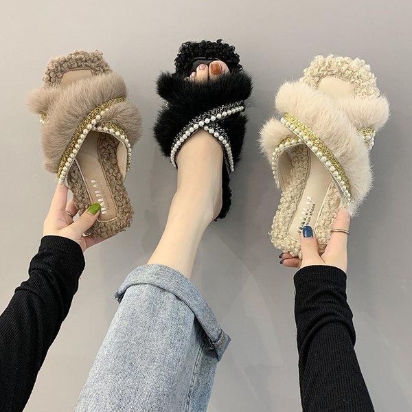 

fashion warm shoes woman winter slippers faux fur women pearls slip on flip flops female slides, Black