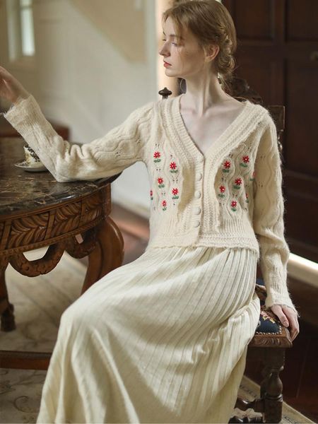 

women's knits & tees fall winter 2021 women sweater cardigan vintage elegant v-neck handmade beading embroidery wool mori girls, White