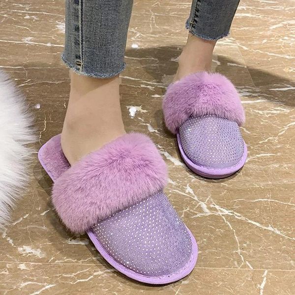 

slippers 2021 women crystal short plush ladies keep warm home cotton shoes winter comfortable flat footwear plus size, Black