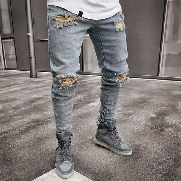 

vintage jeans men destroyed frayed denim pants hole hip hop skinny male streetwear casual men's clothing, Blue