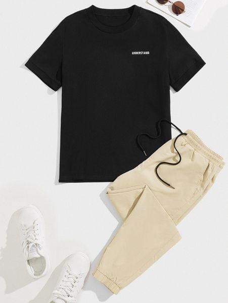 

men letter embroidery tee & drawstring waist sweatpants q5tl#, Gray