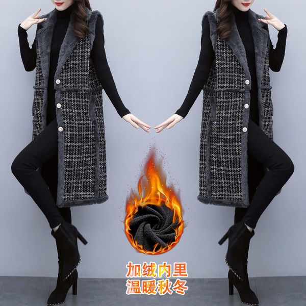 

tweed chess vest autumn/winter ladies loose mid-fashion length fleece leather jacket big size clothes y839 8v0w, Black;brown