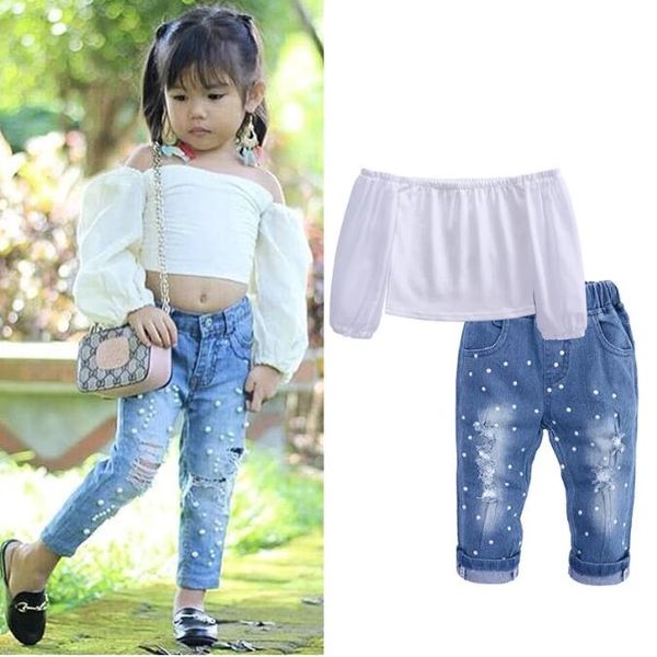 Baby Mädchen Kleidung Set 2021 Frühling Sommer Kinder Off Schulter Langarm Tops + Zerrissene Denim Hosen Casual Kinder Outfits