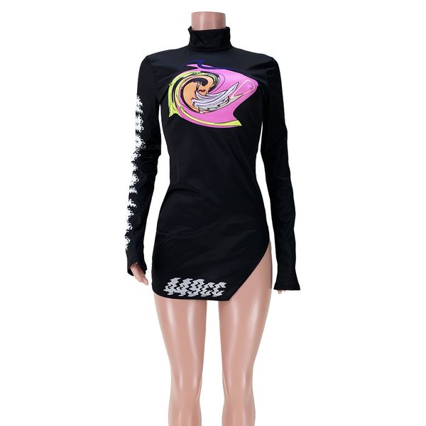 

2021anjamanor split micro mini dress black club wear trendy print runway high neck long sleeve bodycon dresses d74-cc25, Black;gray