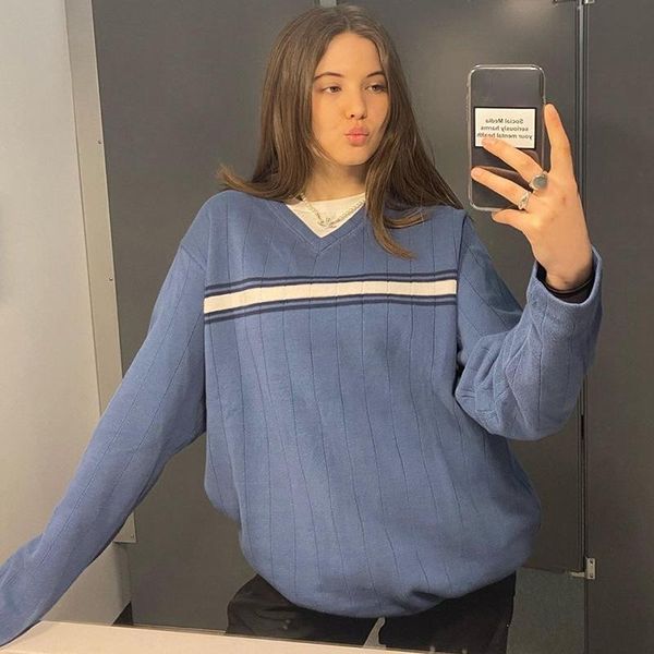 

striped v neck oversized sweater women casual loose knitted jumper ladies preppy style vintage korean knitwear autumn women's sweaters, White;black