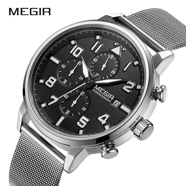 

wristwatches megir brand mens business stainless steel quartz chronograph 2021 fashion casual sport relogio masculino, Slivery;brown