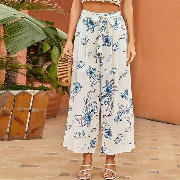 

summer floral print bandage loose trousers women vintage casual high waist pants streetwear ladies wide leg 210603, Black;white