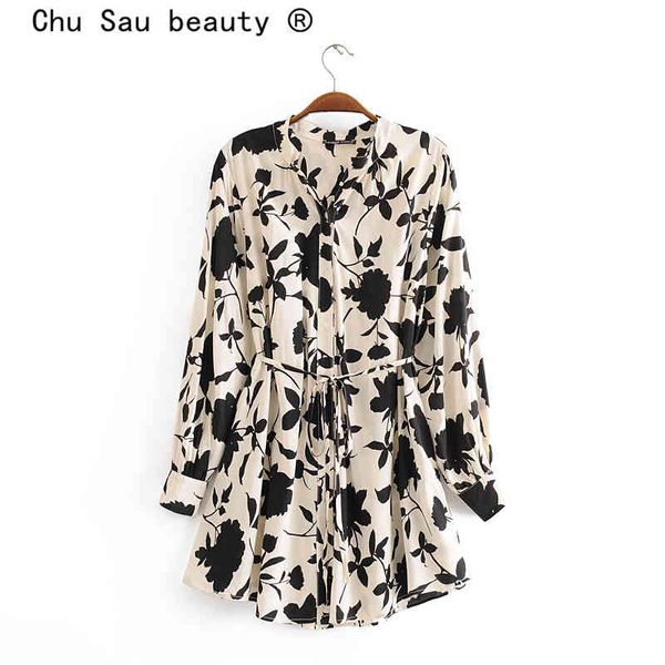 

chu sau beauty fashion boho vintage black floral print loose blouses women holiday stand collar sashes ladies blouse 210508, White
