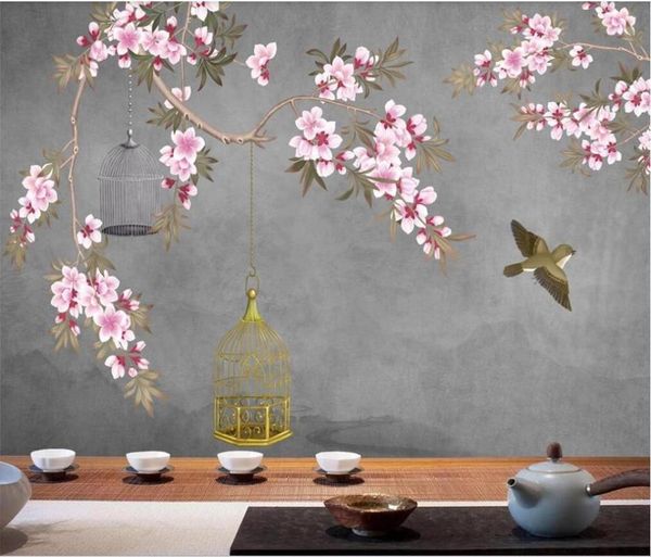 

custom mural wallpaper chinese style hand-painted flowers and birds retro background wall decoration painting wallpapers