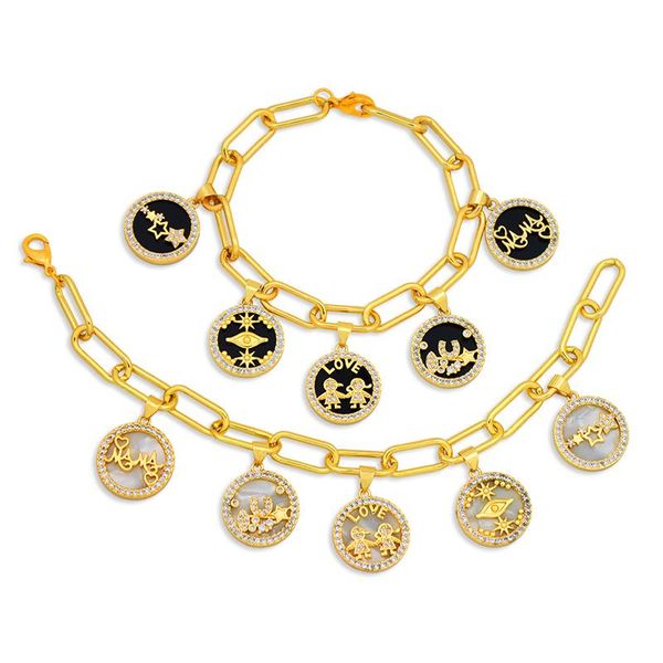 

round coin opal stone bracelet with charm black evil eye boy girl star mama couple vintage cuban chain jewelry zirconia bracelets, Golden;silver