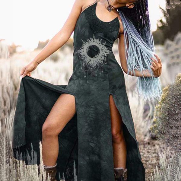 

womens dress plus size women summer casual retro dyeing lace print split dresses long slip gothic sundresses, Black;gray