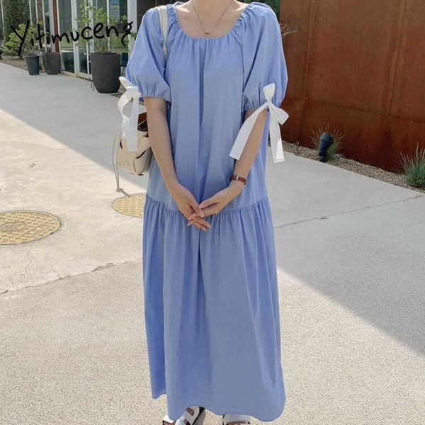 Yitimuceng длинные платья для женщин летом негабаритные лук кружев вверх простые MIDI платье корейской моды короткий слойный рукав небо синий 210601