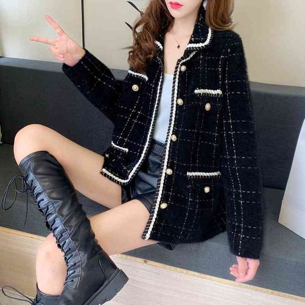 

women's jackets the korean version of the velvet little lady's jacket retro hong kong style short-cut plaid women's 59id, Black;brown