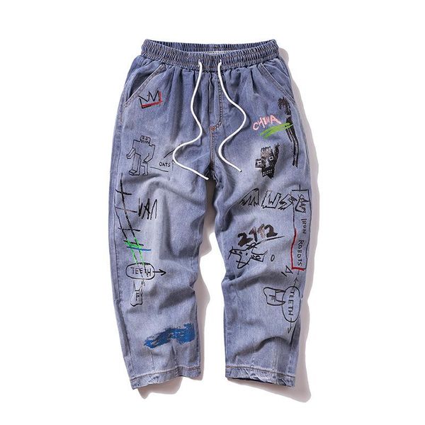 

wholesale 2021 fashion teenagers wide-leg jeans men's drawstring loose korean style hong kong drape mopping dad pants, Blue